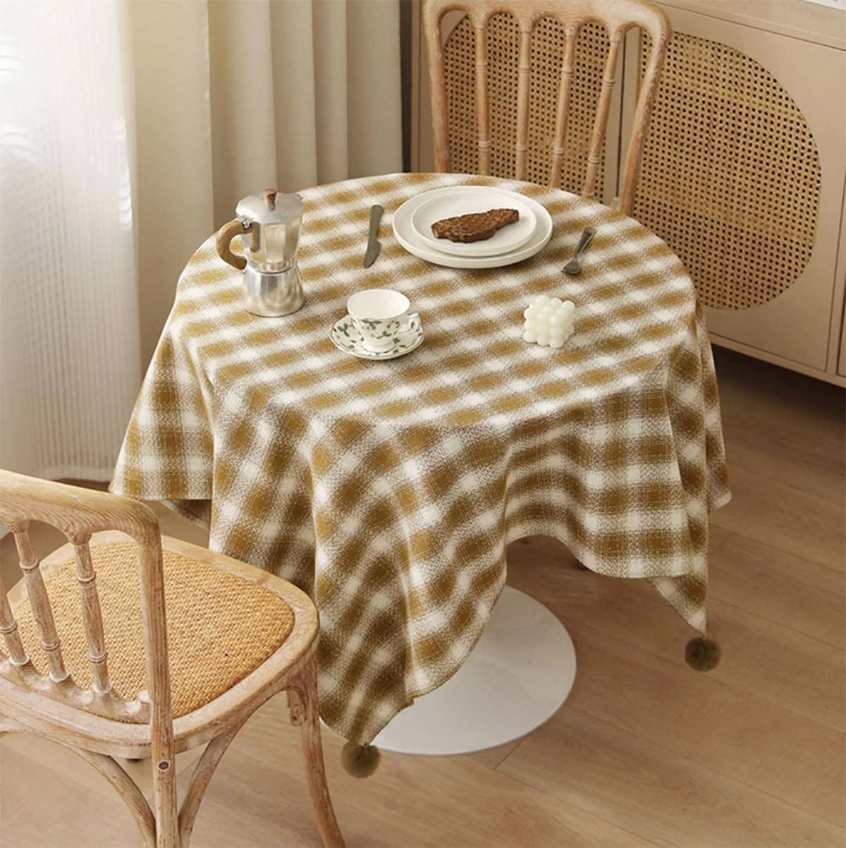 Brown-Cream Plaid Cotton Holiday Tablecloth with Pom-Poms