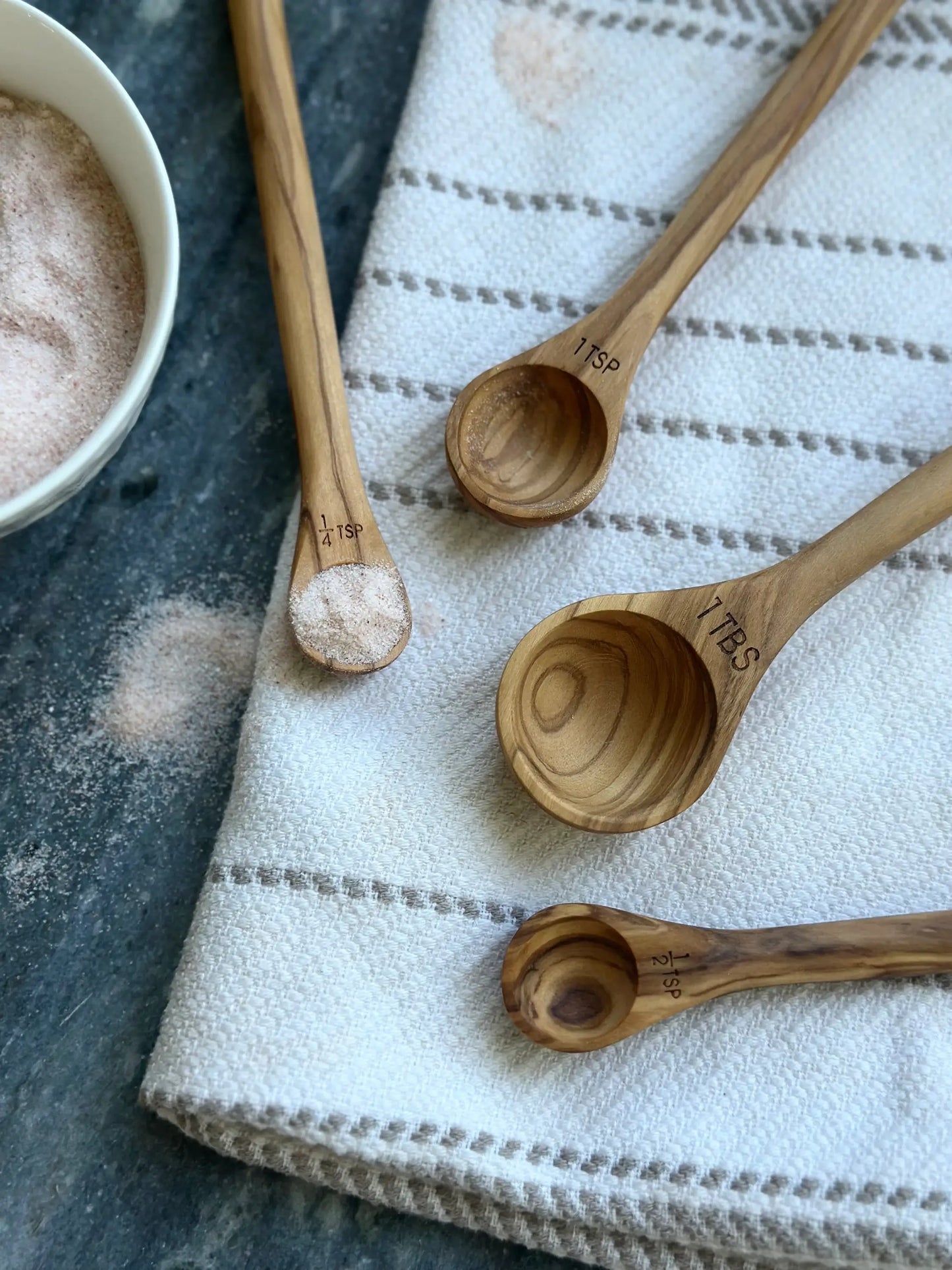 Handcrafted Olive Wood Long Handle Measuring Spoons Set