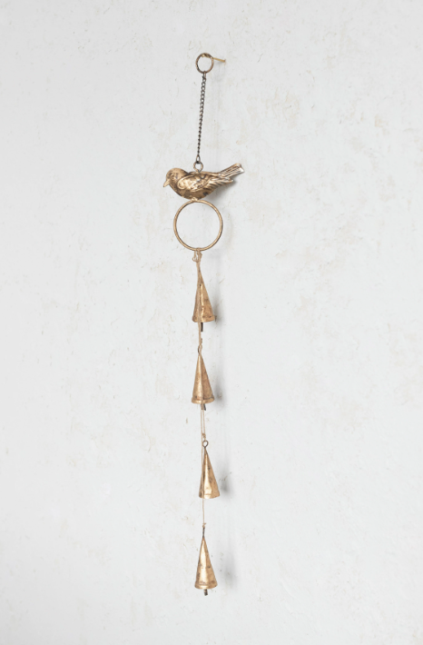 19"H Hanging Metal Bells with Bird on Chain, Antique Brass Finish | Holiday | Sunday Night Dinner |  | 
