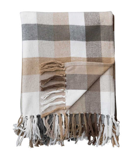 60"L x 50"W Brushed Cotton Flannel Throw w/ Fringe, Multi Color Plaid | Textiles | Sunday Night Dinner |  | 