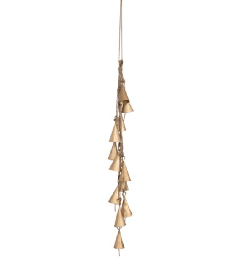 12-1/2"H Hanging Metal Bell Cluster with Jute Rope, Antique Brass Finish | Holiday | Sunday Night Dinner |  | 