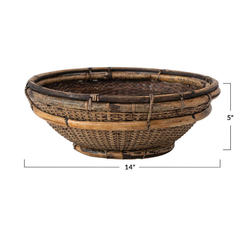 Decorative Hand-Woven Vintage Look Bamboo & Rattan Bowl, Distressed Finish | Decor | Sunday Night Dinner |  | 